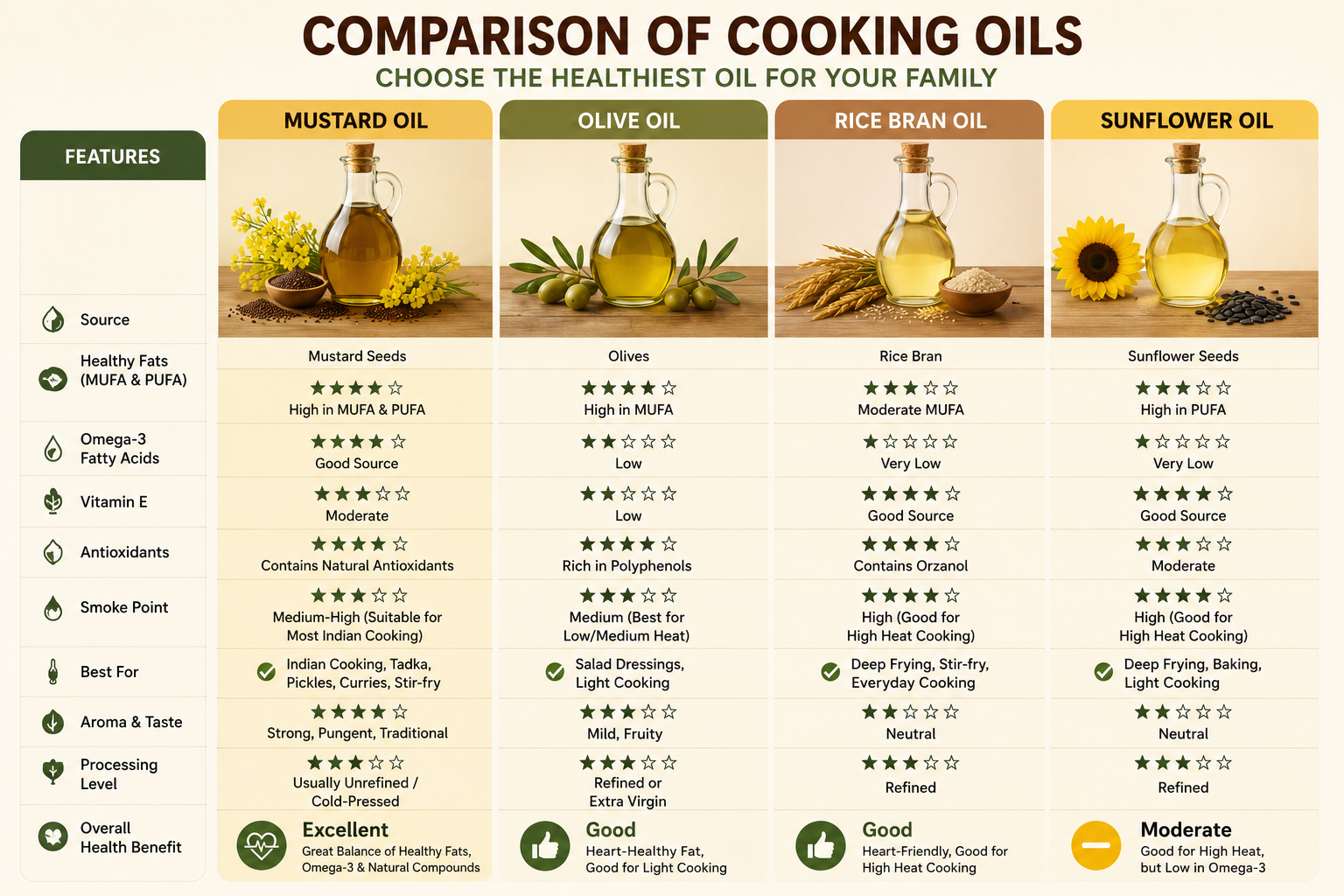 Comparison of mustard oil with olive oil, sunflower oil and rice bran oil Comparison of mustard oil with olive oil, sunflower oil and rice bran oil