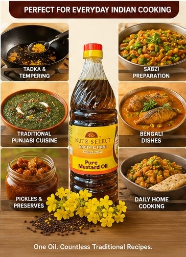 NutriSelect Kachi Ghani Mustard Oil used in everyday Indian cooking NutriSelect Kachi Ghani Mustard Oil used in everyday Indian cooking